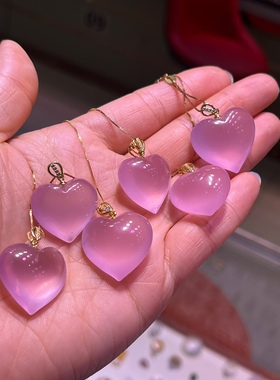 天然莫桑比克星光粉水晶爱心吊坠颜色美晶体全净高档纯银卡扣银链