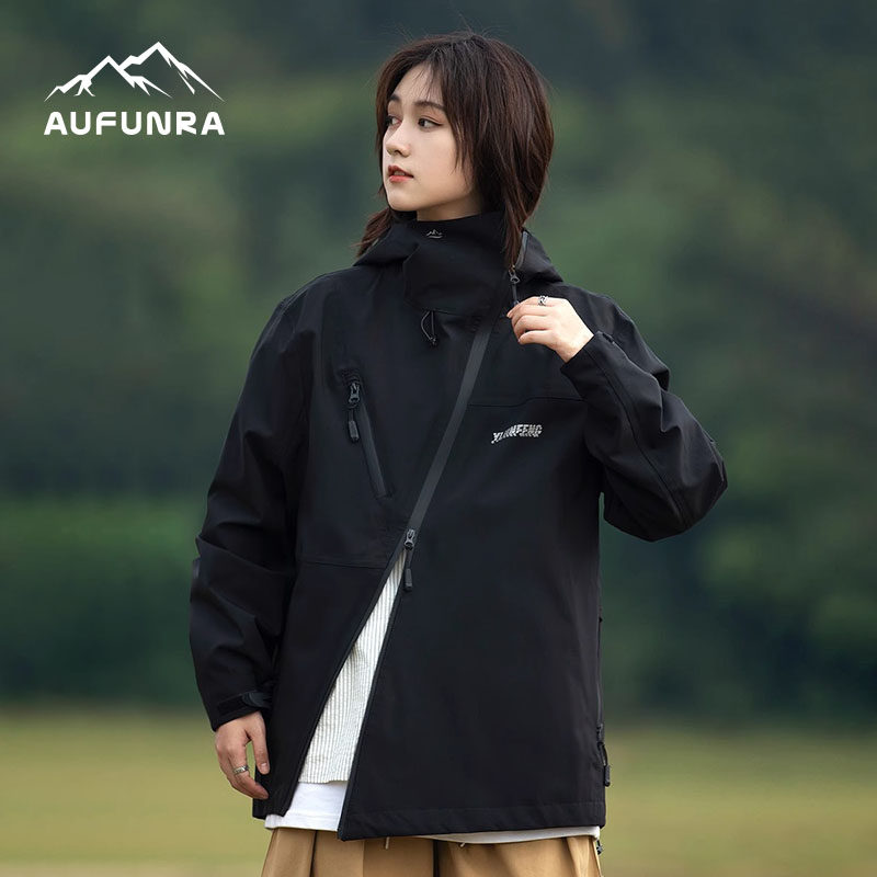 AUFUNRA户外机能冲锋衣外套女硬壳全压胶防风斜拉链单层锁温夹克