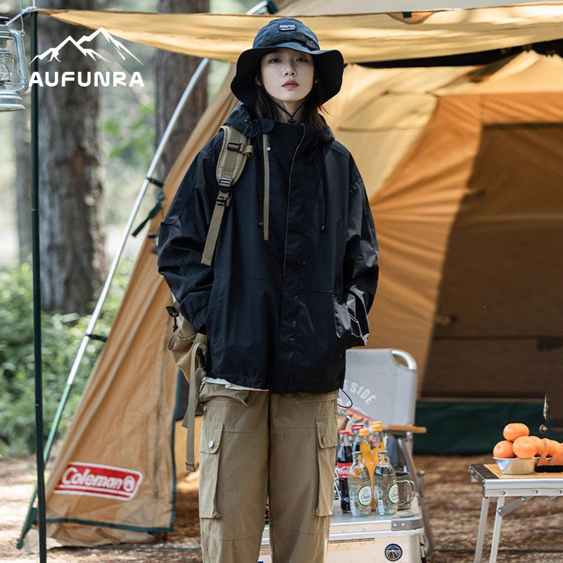 AUFUNRA春秋款外套户外机能拉链撞色冲锋衣休闲徒步登山夹克男女