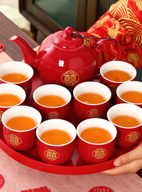 中式结婚庆改口敬茶杯新娘订婚用品陶瓷手柄壶红色盘婚礼茶具套装