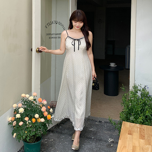 蝴蝶结收腰连衣裙子 微胖mm波点撞色吊带长裙2024夏季 新款 大码 女装