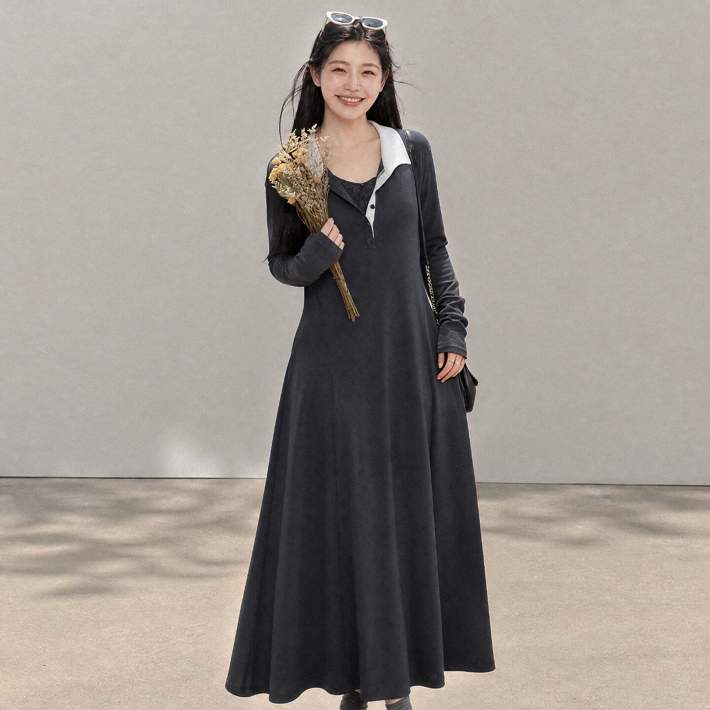 胖mm假两件翻领蕾丝拼接连衣裙2026秋季新款大码女装垂感遮肉长裙