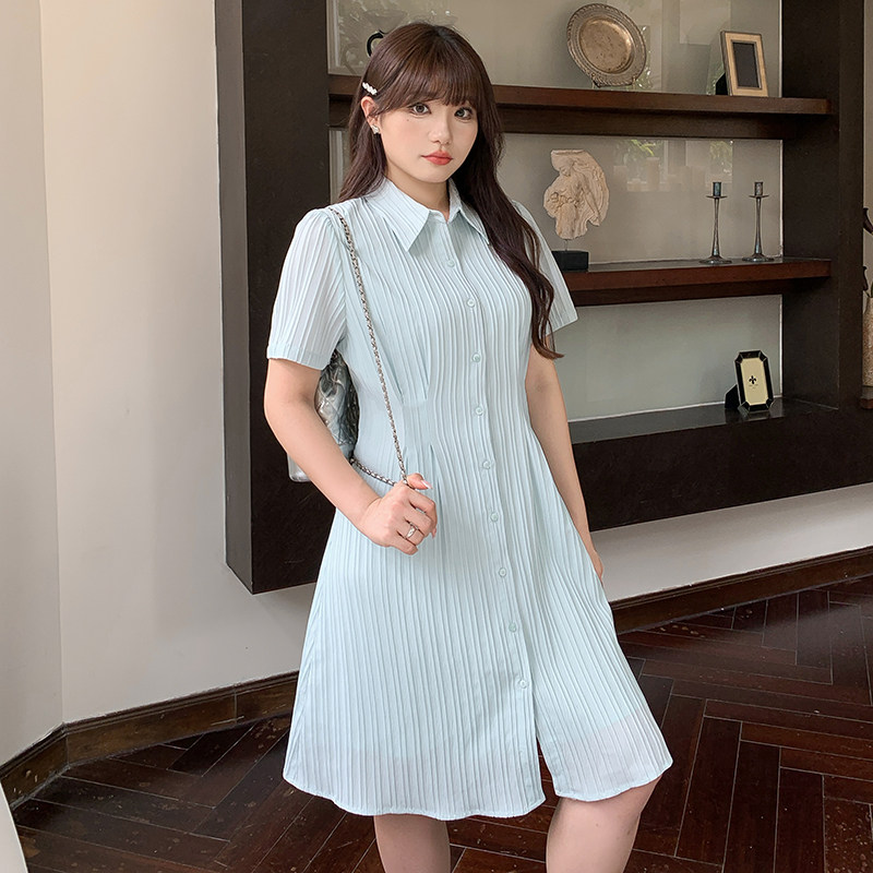 微胖mm气质衬衫中长裙2024夏季新款大码女装显瘦收腰肌理感连衣裙