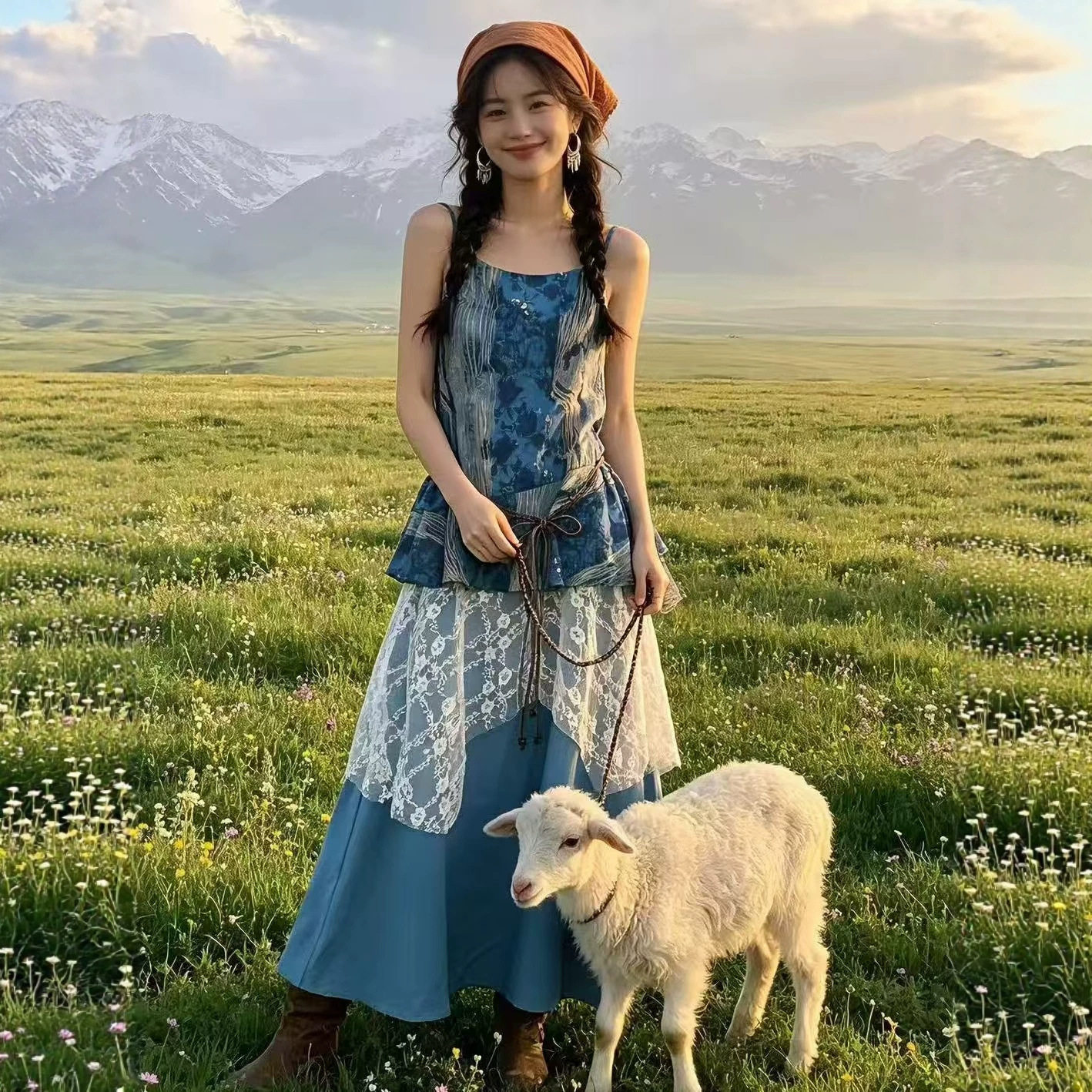 民族风吊带连衣裙女新疆草原旅游穿搭长裙夏季蕾丝拼接复古度假裙