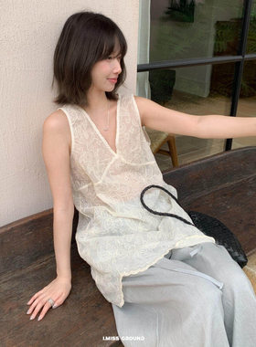 IMISS 夏季韩系温柔风仙仙儿提花蕾丝拼接V领背心连衣裙女R81026