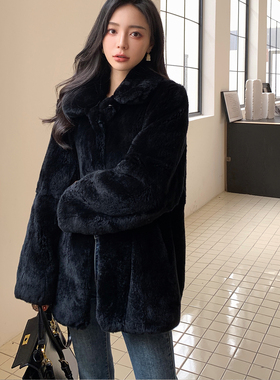 獭兔毛皮草外套女2024新款冬季进口宽松黑色皮毛一体中长款大衣