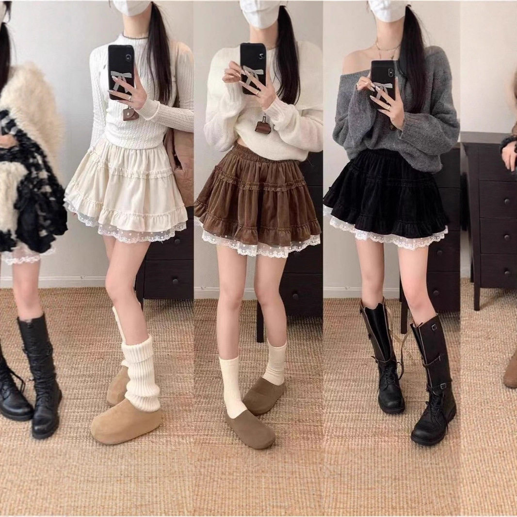 甜美蕾丝花边蛋糕半身裙欧棉绒秋冬款法式芭蕾复古风a字蓬蓬短裙