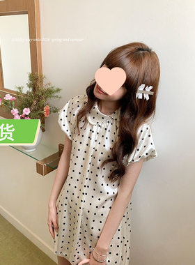 夏季女不对称领设计波点花苞绸面连衣裙复古