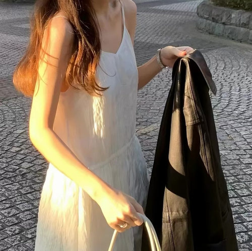 现货~OUNCE吊带裙26夏韩国叠搭推荐V领抽绳收腰褶皱连衣裙可外穿