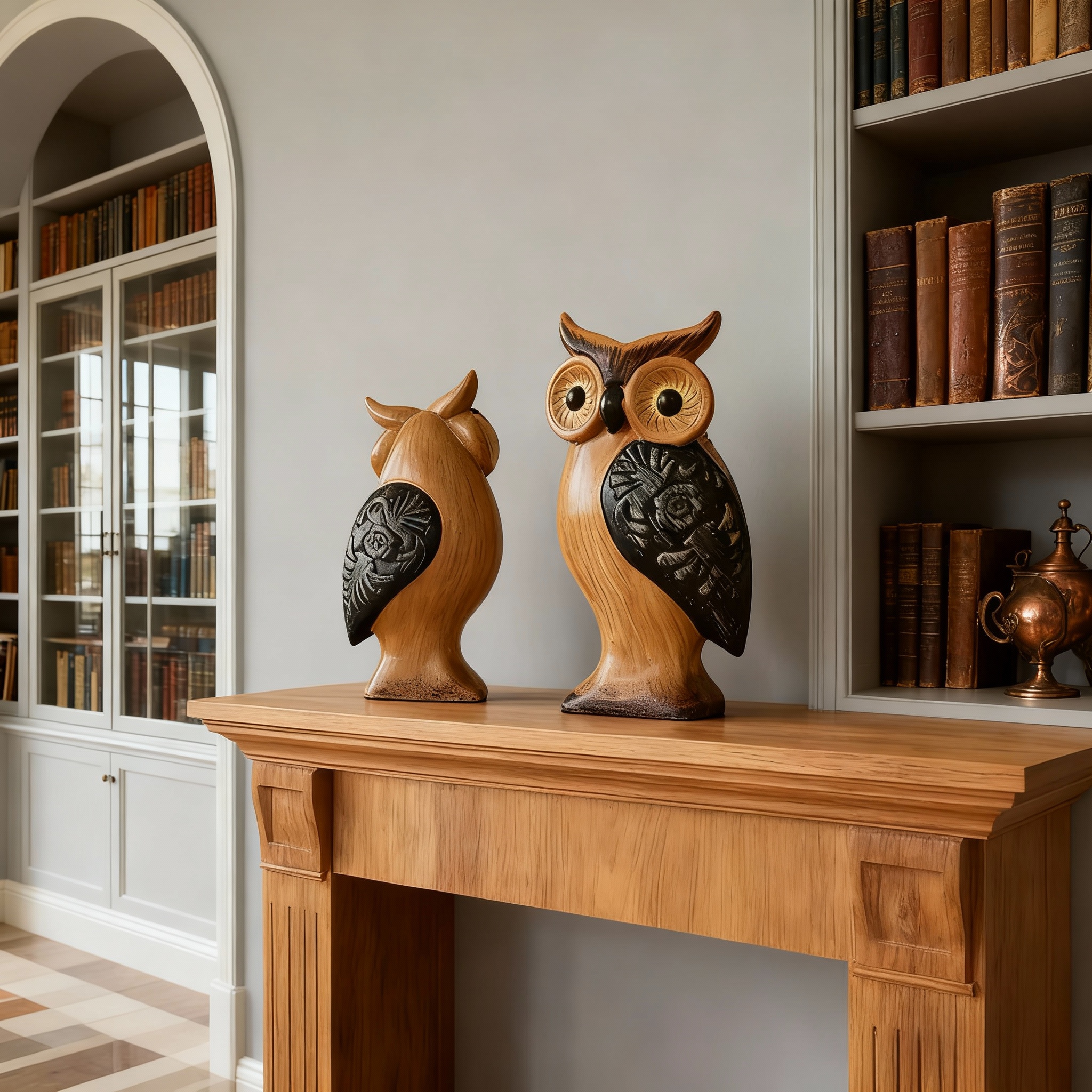 复古木质猫头鹰摆件一对