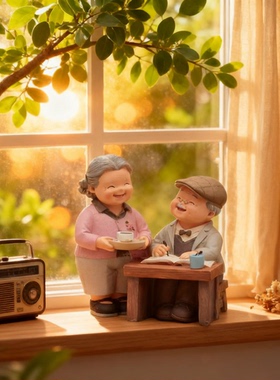 手工陶瓷老人情侣窗台摆件