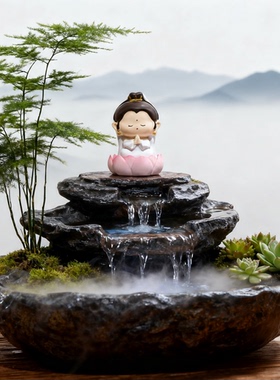 中式禅意佛像假山流水招财摆件