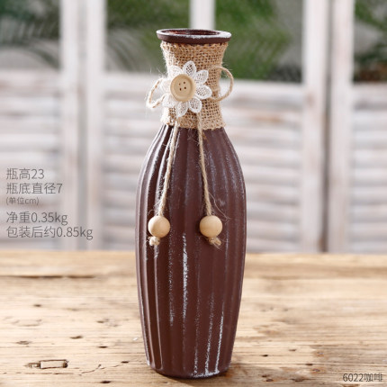 创意田园麻绳白色玻璃花瓶干花插花花艺花器酒柜台餐桌装饰品摆件