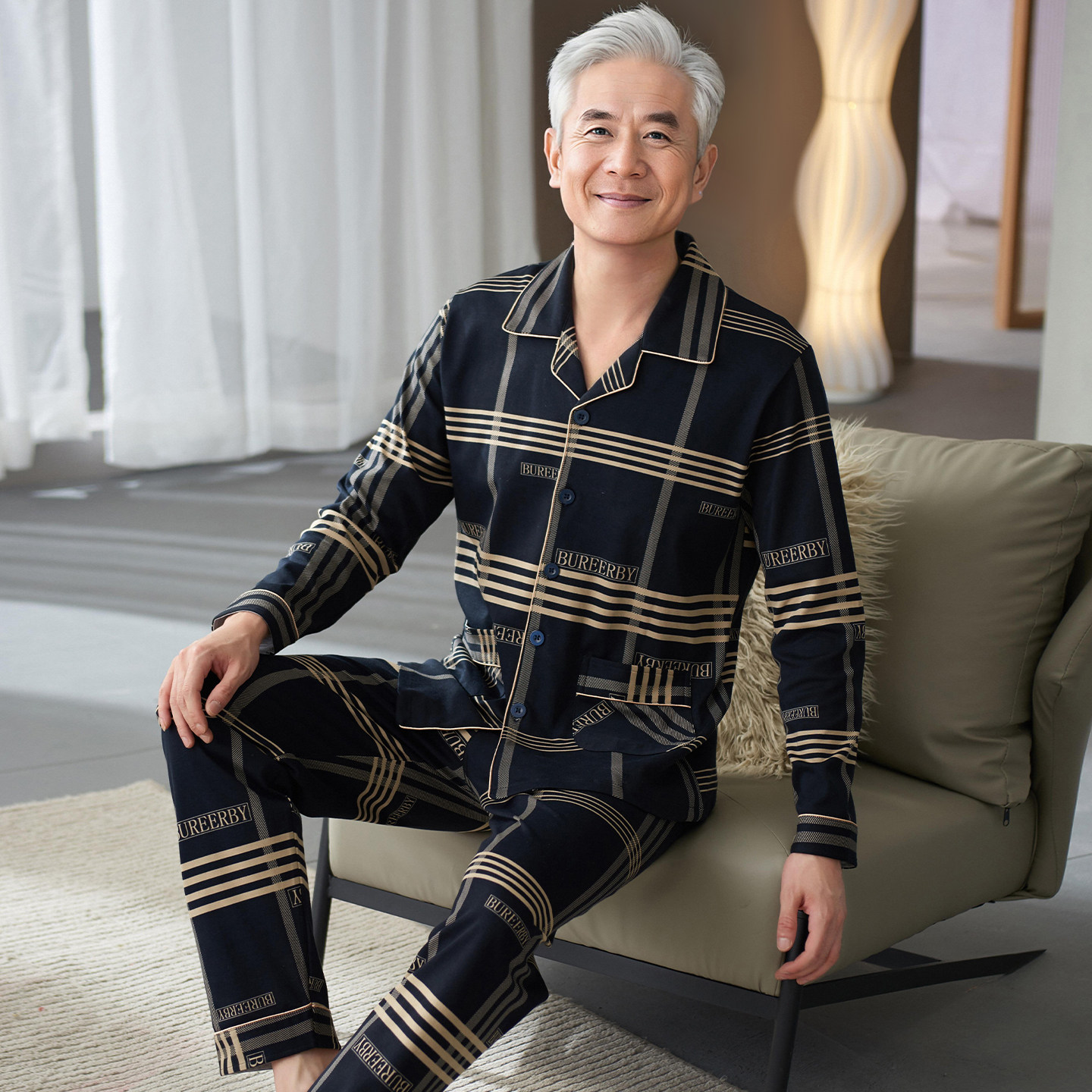 中老年人爸爸睡衣男士秋季纯棉长袖老人爷爷码家居服套装5060多岁