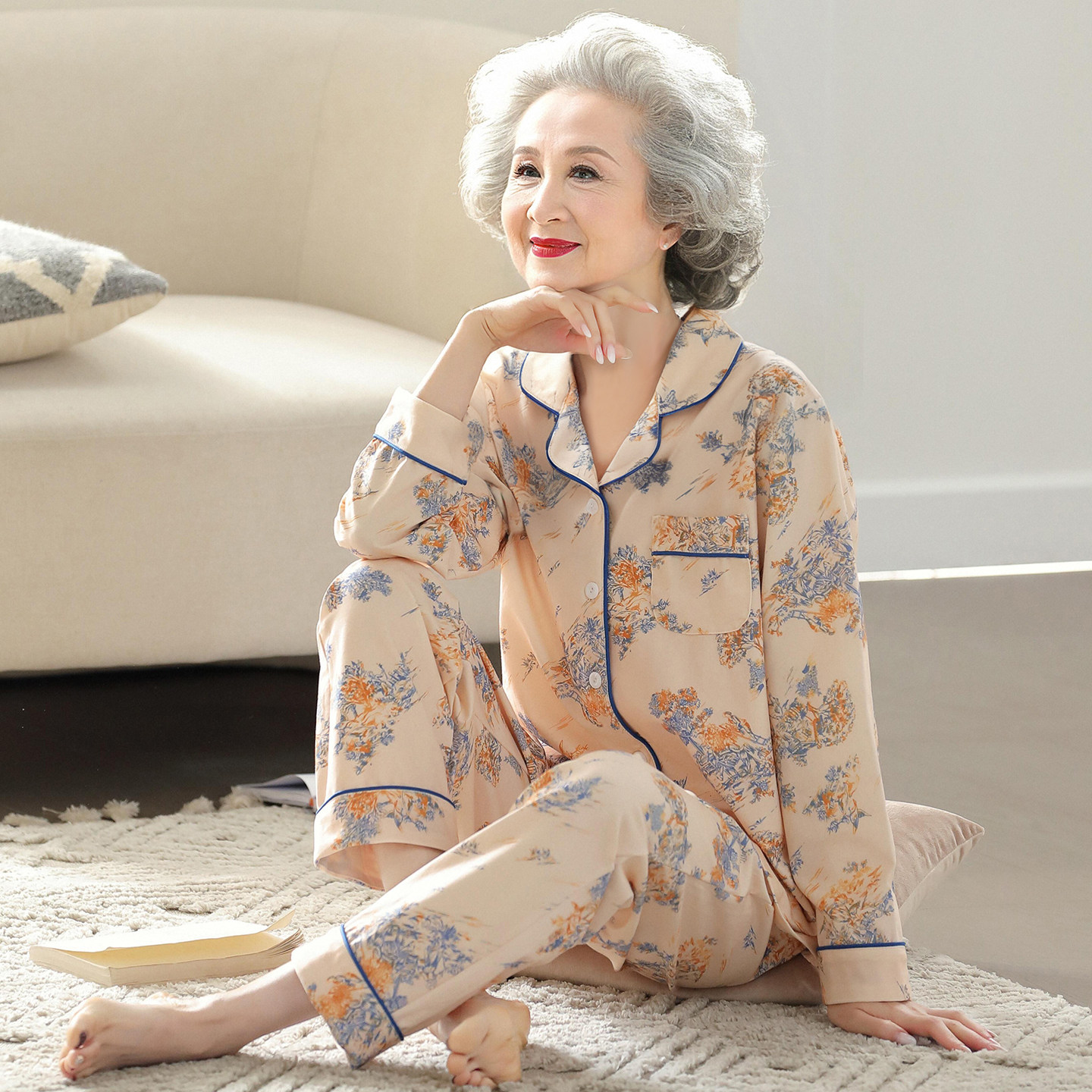中老年人春秋款长袖纯棉睡衣睡裤套装女妈妈开衫老人奶奶家居服