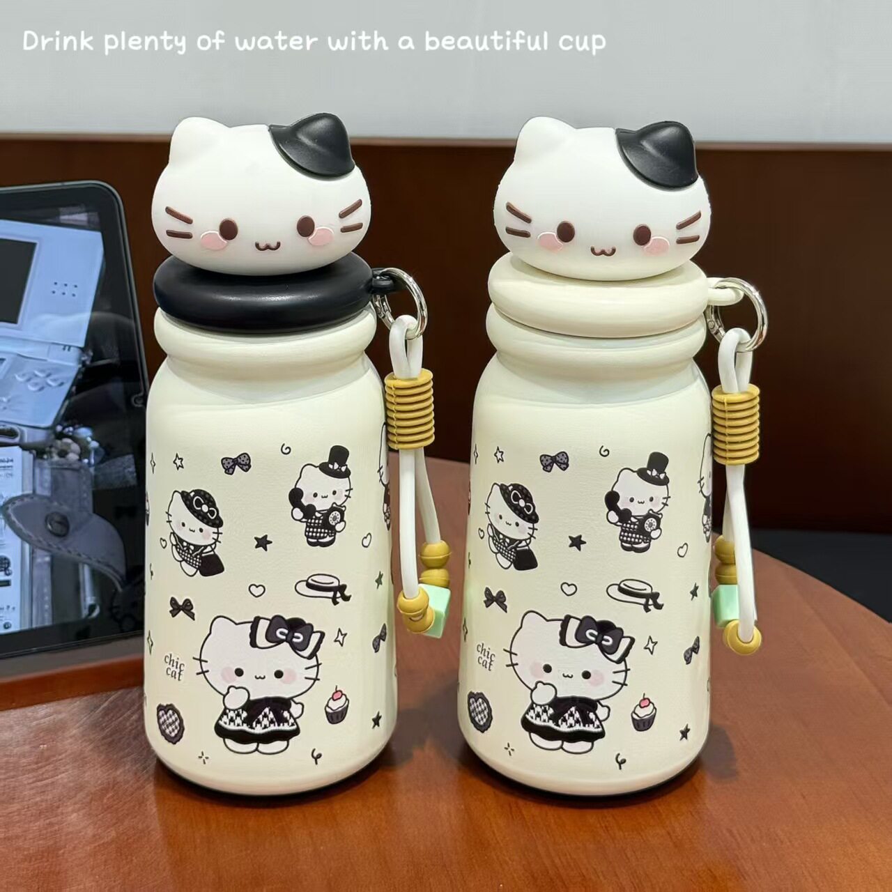 小香风猫咪不锈钢茶仓吸管保温杯