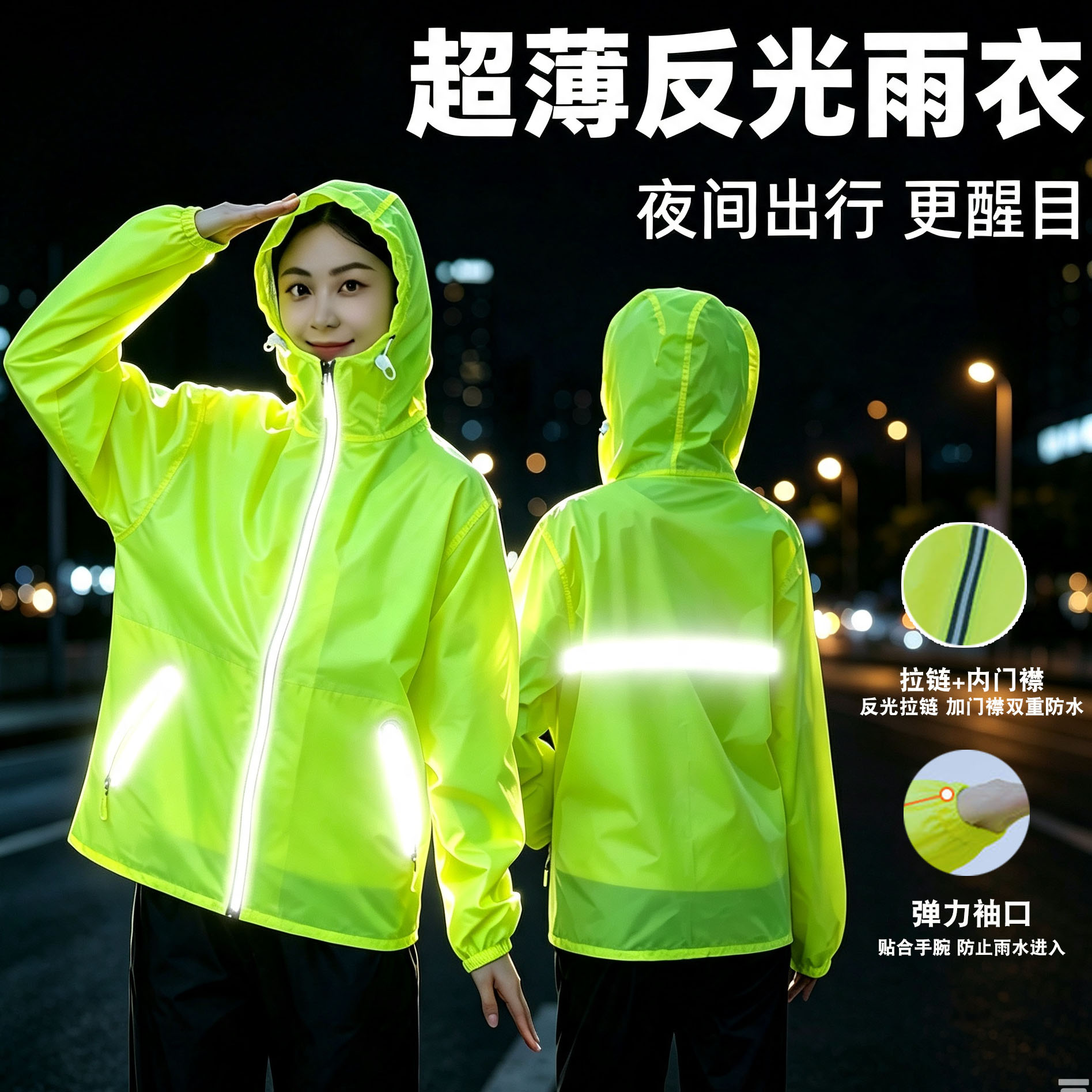超薄轻巧反光雨衣套装防水透气