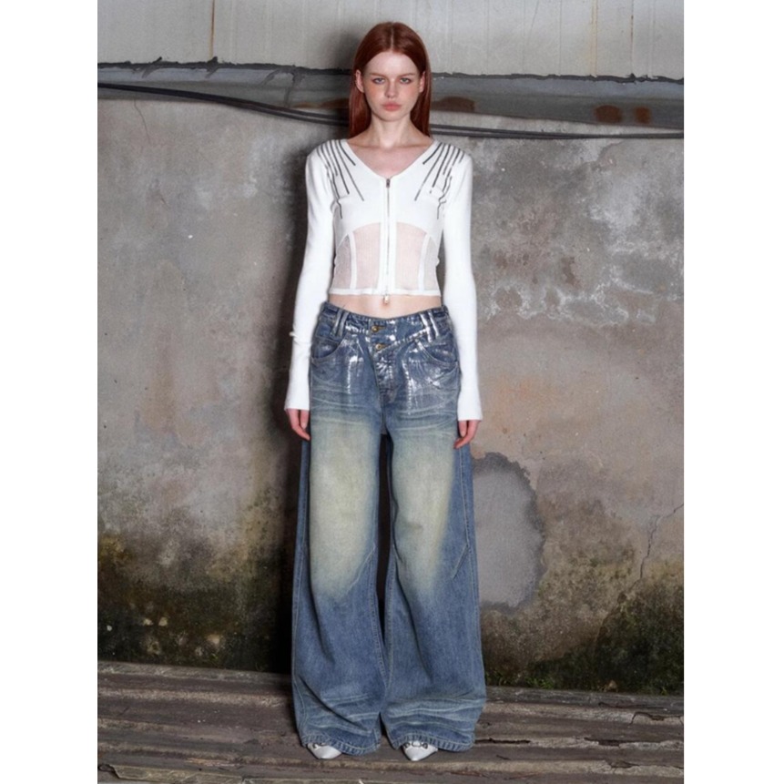 PRRP “暮银”|复古水洗原创休闲不规则腰头烫银宽松阔腿牛仔长裤