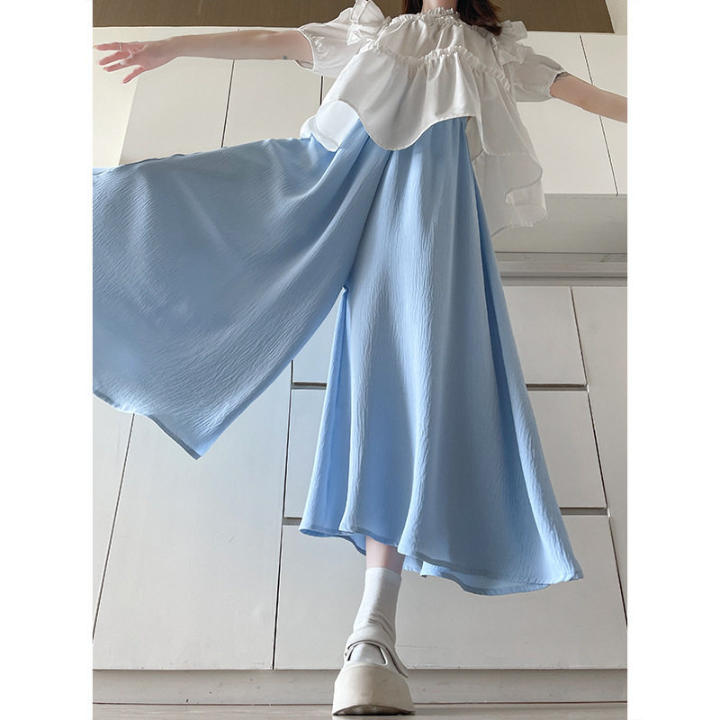 蓝色裙裤女春季2025新款小个子a字半身百褶裙高腰垂感休闲阔腿裤