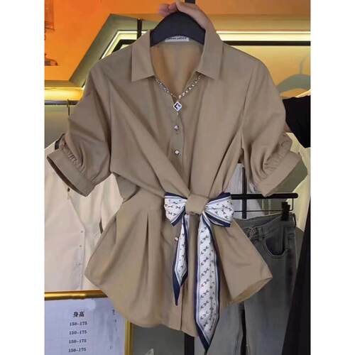 大码高级设计感小众短袖衬衫女夏季微胖mm显瘦遮肚子收腰时髦上衣