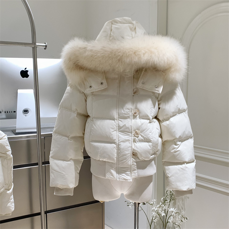 初梦POKEMEMG连帽大毛领短款羽绒服女冬季新款小个子白鸭绒外套