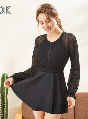 OOK泳衣女性感黑色蕾丝裙式连体长袖露背聚拢无钢圈显瘦游泳装