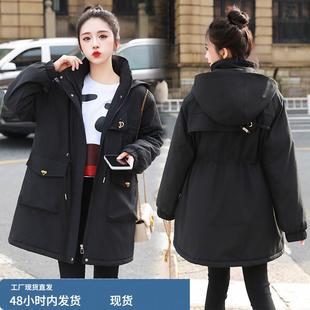 大码女装中长款加绒加厚棉服外套女冬季新款宽松显瘦连帽保暖棉袄