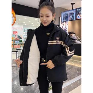 时尚加厚天鹅绒突击夹克2024冬季温暖优雅的连帽棉质外套宽松苗条