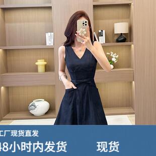 V领微弹无袖高腰连身裙女夏季2026新款时尚洋派显瘦休闲中长裙子