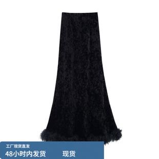 高级感黑色丝绒半身裙女秋冬高腰修身包臀长裙步步生莲加绒鱼尾裙