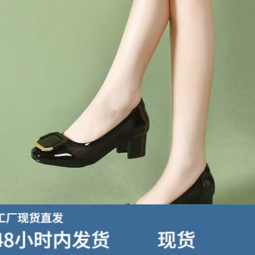 网纱单鞋女春夏季粗跟中跟镂空女鞋2024年新款真陂方头漆皮高跟鞋