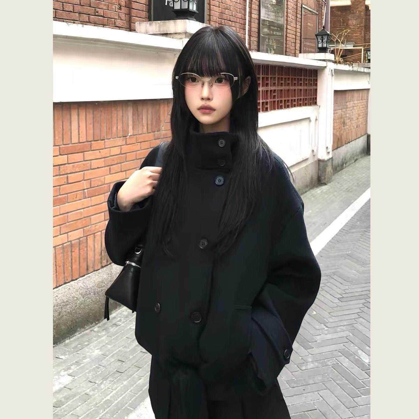 藏青色立领双排扣短款呢子大衣女秋冬高级感气质宽松廓形毛呢外套,运动/瑜伽/健身/球迷用品,广场舞套装,淘宝优惠券,粉丝福利购,淘宝优惠卷