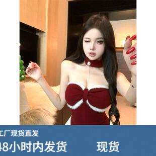 纯欲甜辣妹绝美钻链修身抹胸背心女内搭秋冬圣诞氛围红色围脖上衣