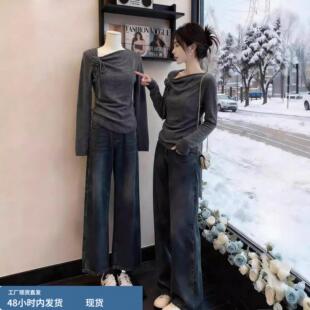 灰色斜肩长袖打底衫女初冬季义乌内搭巨好看miu系上衣掐腰修身T恤