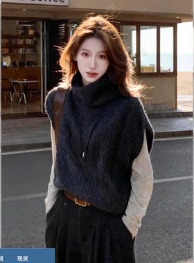 2025超火叠穿深灰色高领针织马甲女秋冬独特漂亮毛衣背心外搭上衣