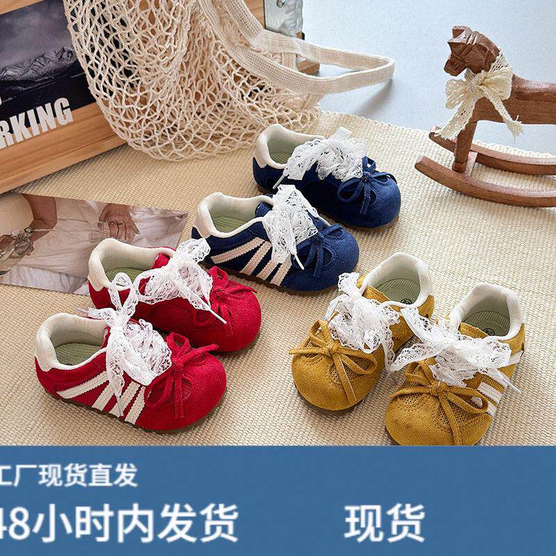 儿童糖果色德训鞋2026年春秋季新款韩版女童蕾丝蝴蝶结运动阿甘鞋