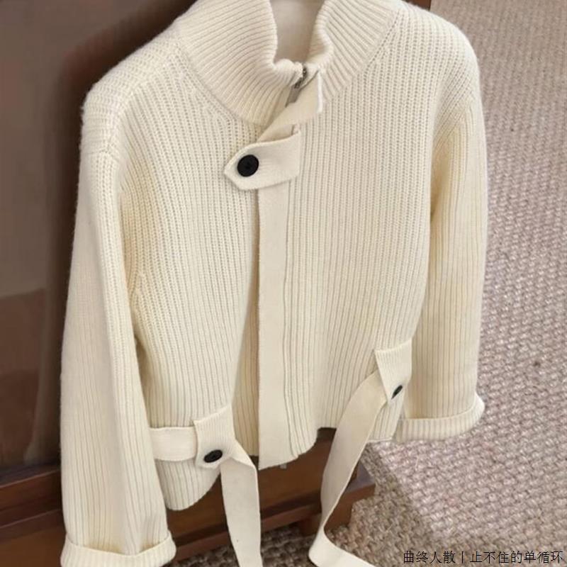 CHAO级推荐米白色立领拉炼羊绒毛衣外套女秋季欧货重磅针织开衫