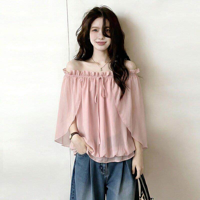 粉色一字肩雪纺斗篷披肩短袖衬衫女2026新款夏季大码胖mm绝美上衣