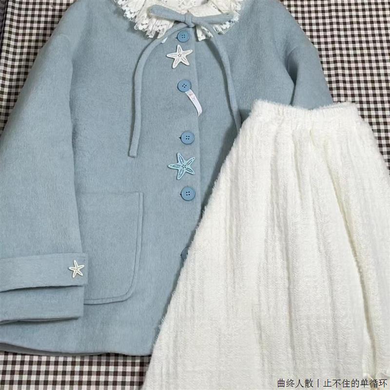 高级感轻奢蓝色呢子大衣女装冬季新款韩版小个子休闲短款毛呢外套