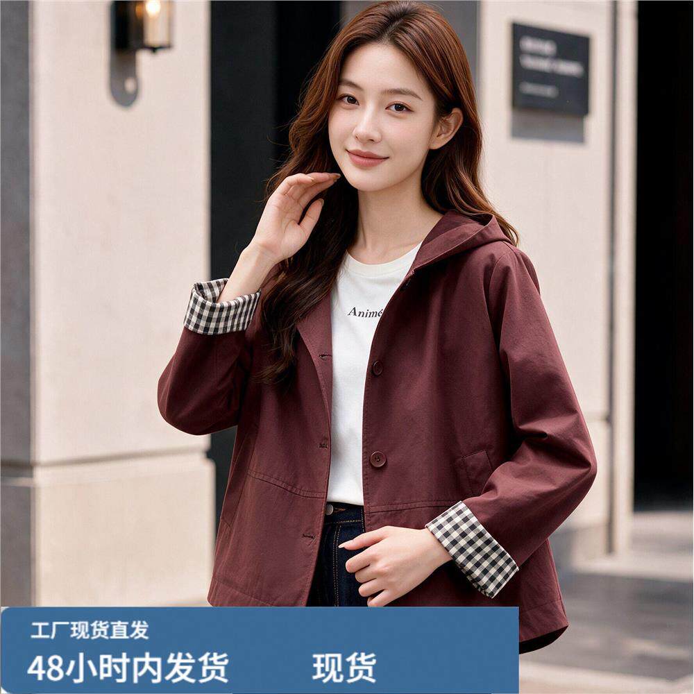 中老年妇女洋气外套2026新款秋季连帽大码时尚休闲薄款连帽风衣女