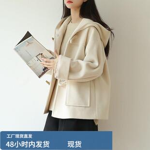 秋冬新a字韩版小个子宽松连帽牛角扣短款芼呢大衣呢子外套女简单