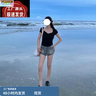 石磨黄复古做旧牛仔短裤女2025年新款夏季韩版设计感高腰显瘦热裤