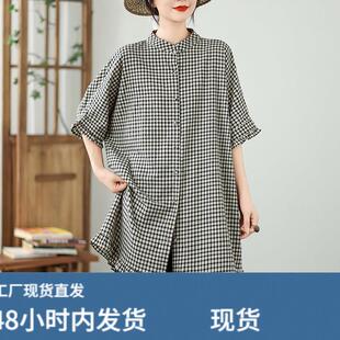 日系文艺花边格子亚麻衬衫女夏装新款高端棉麻休闲百搭中长版上衣