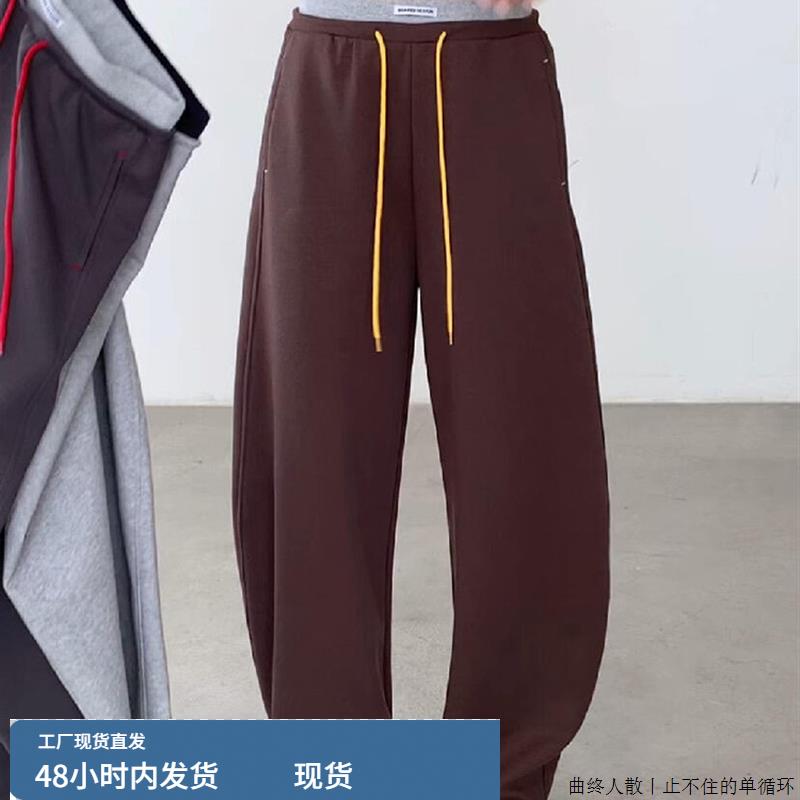 CHAO级推荐咖啡色松紧腰抽绳针织卫裤女秋季覆古百搭休闲弯刀裤