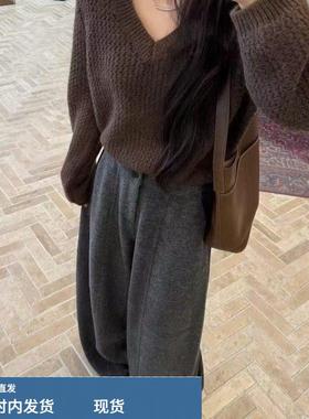 175高个子慵懒风高腰灰色阔腿毛呢裤女2025秋冬休闲高级感长裤