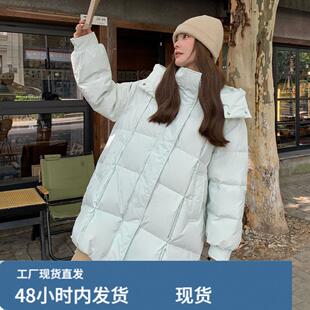 韩系chic绿色连帽中长款羽绒服女冬超火好看高级小众加厚保暖外套