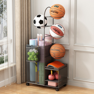 篮球收纳架家用瑜伽垫收纳筐带轮健身运动器材收纳架球类置物架子
