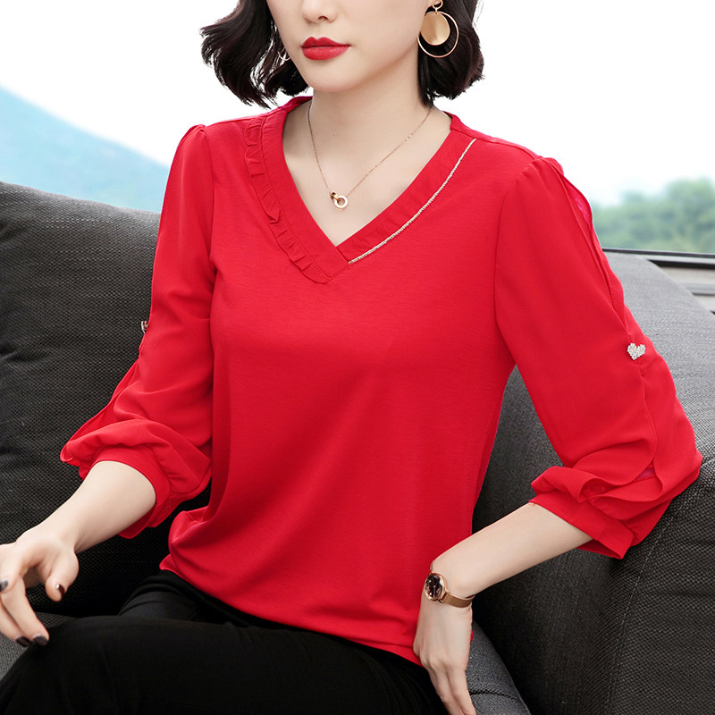 七分袖女士上衣2020秋装新款韩版女装半袖宽松百搭中年妈妈雪纺衫