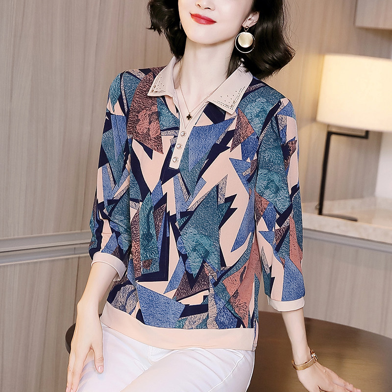 中年妈妈洋气七分袖t恤打底衫翻领拼色秋装显瘦减龄女士百搭上衣