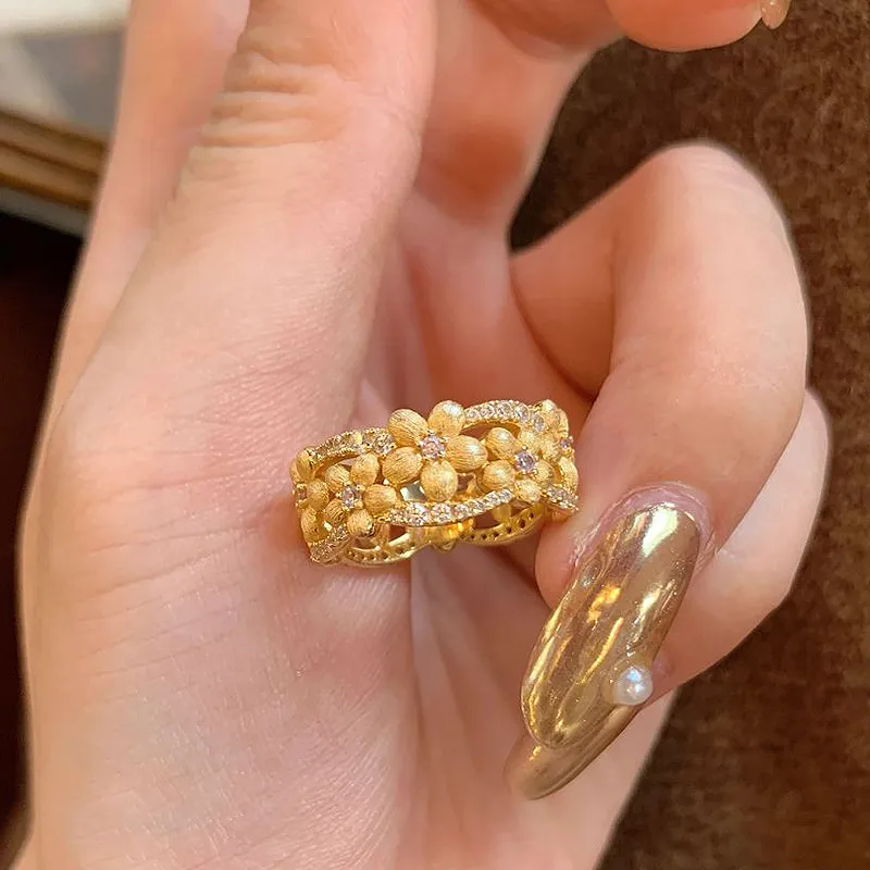 爆款富桂桂花戒指Vintage中古拉丝小桂花指环点钻花朵尾戒